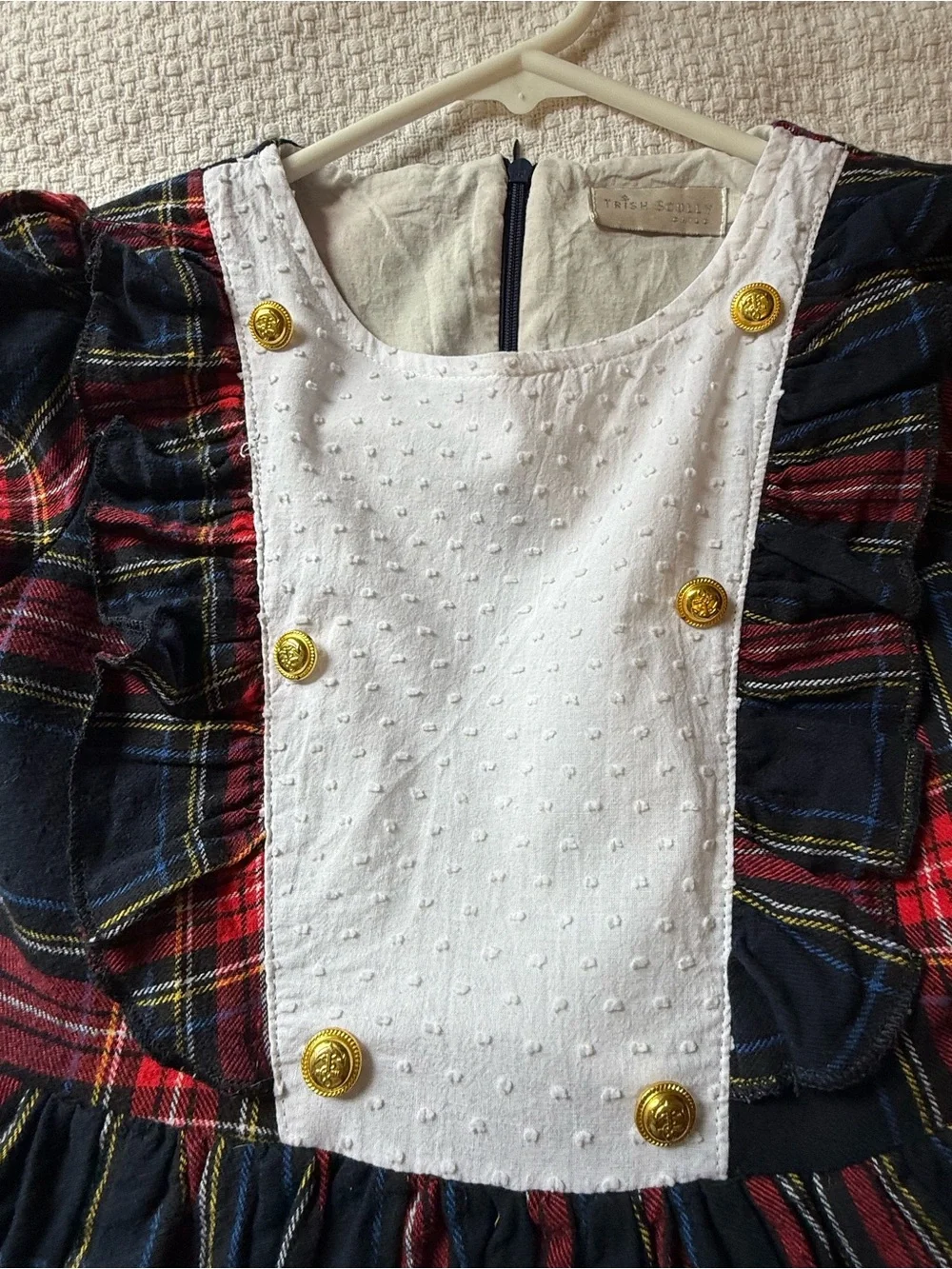 Girls Navy and Red Plaid Formal Dress with White Bib and Gold Buttons
